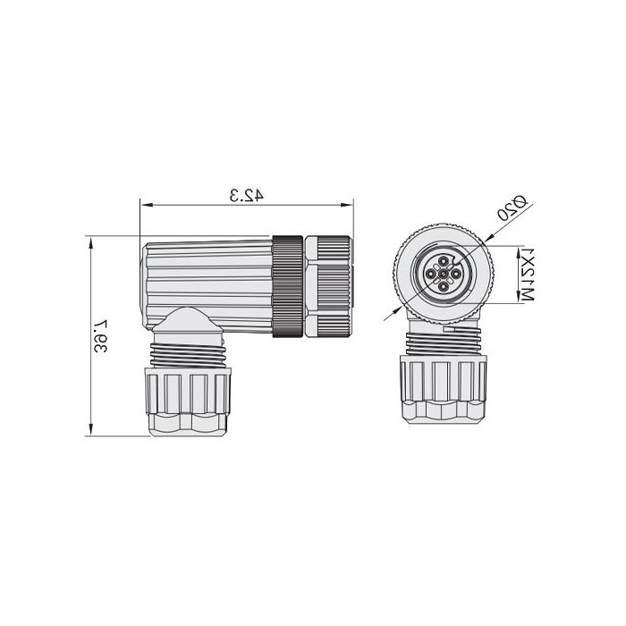 M12 4Pin、母头90°、食品級、螺钉连接、64F089