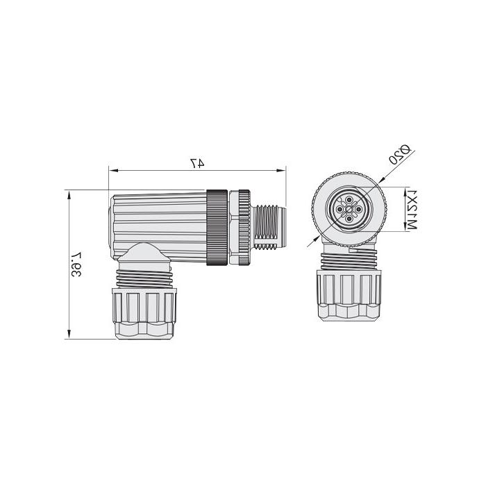 M12 4Pin、公头90°、食品級、螺钉连接、64F189